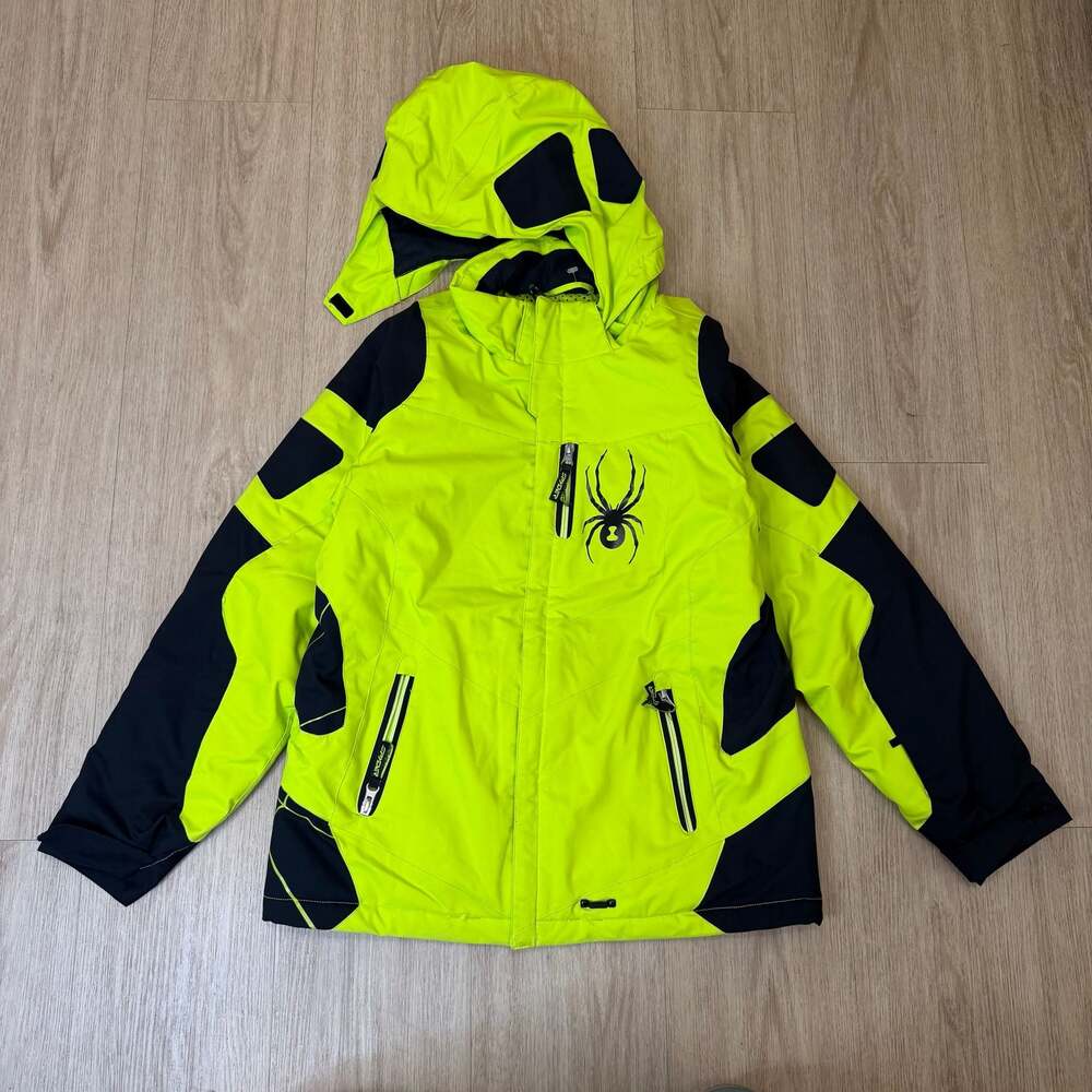 Spyder Boys Neon Yellow & Black Spiderweb Hooded Ski Jacket Size 16 or Small